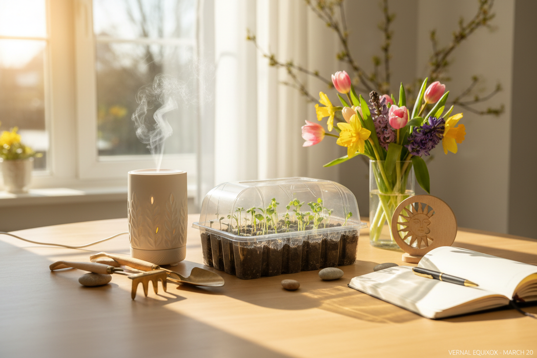 Bright spring scene with seedling tray, essential oil diffuser, gardening tools, and spring flowers for Spring Equinox