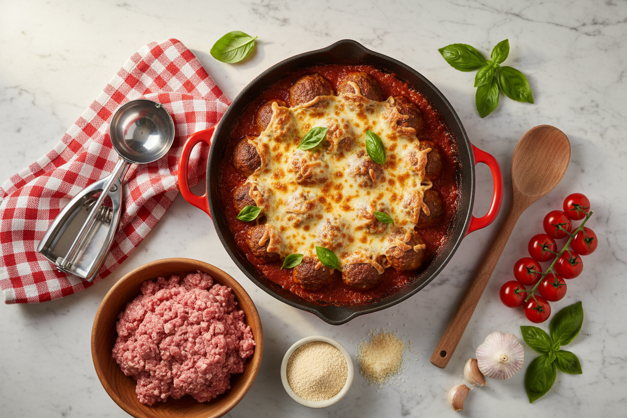 Overhead flat lay of homemade meatballs in cast iron skillet with marinara sauce, mozzarella, cooking tools and fresh Italian ingredients for National Meatball Day