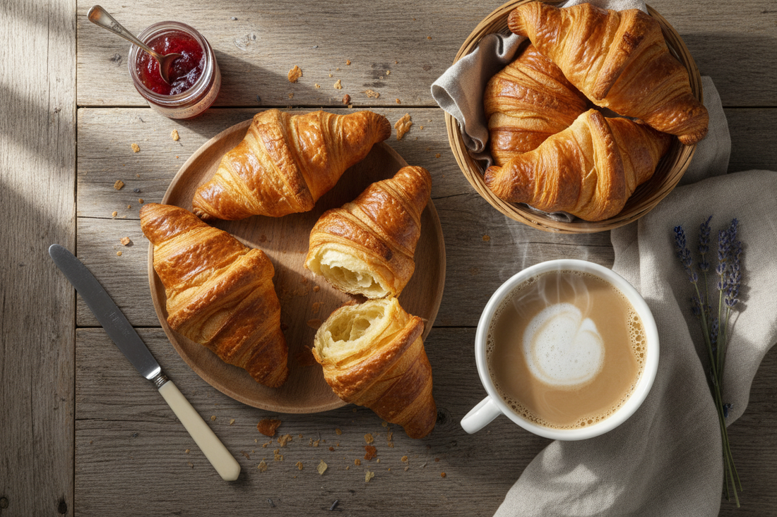 Flat lay overhead view of golden croissants with coffee for National Croissant Day