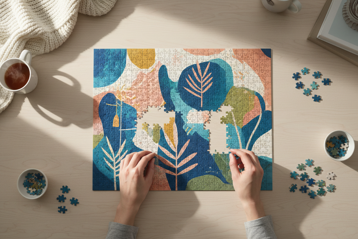 Flat lay overhead view of person working on colorful jigsaw puzzle for National Puzzle Day