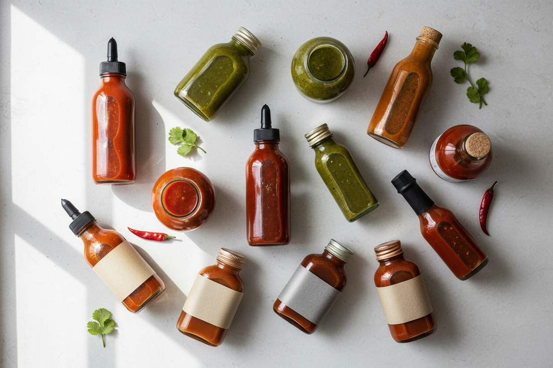 Overhead view of assorted hot sauce bottles arranged on a table with spicy condiments and ingredients