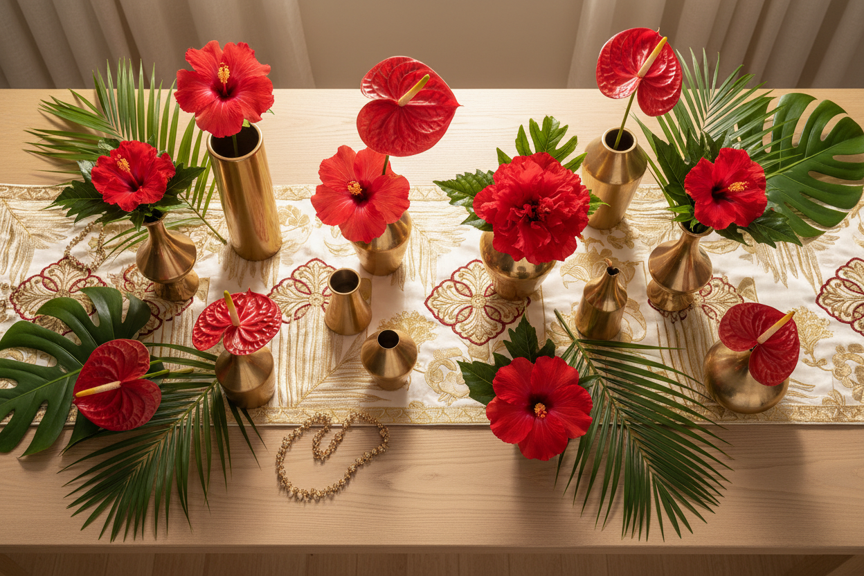 Red and gold floral home decor arrangement for May Day and Lei Day celebration