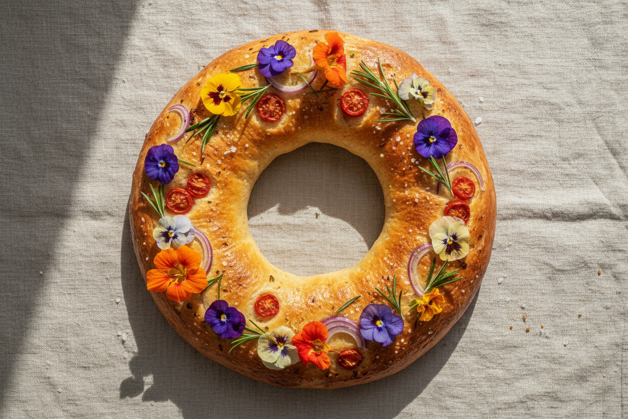 "Golden flower crown focaccia topped with edible flowers, rosemary, cherry tomatoes, and coarse sea salt, styled on a rustic linen surface.