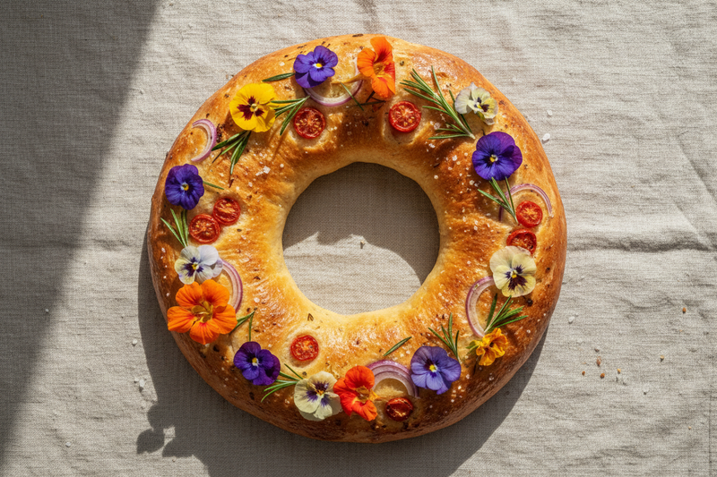 "Golden flower crown focaccia topped with edible flowers, rosemary, cherry tomatoes, and coarse sea salt, styled on a rustic linen surface.