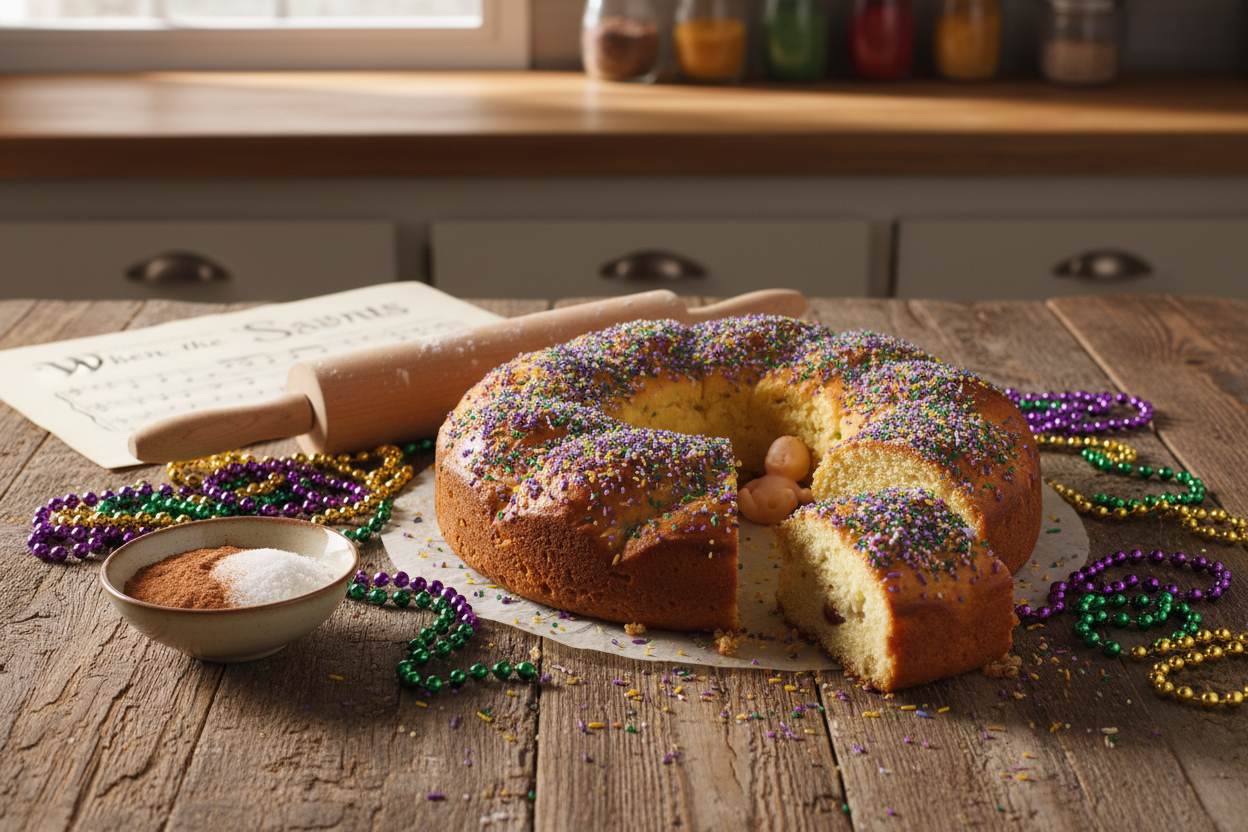 Homemade King Cake with purple, green, and gold sugar sprinkles surrounded by Mardi Gras beads and baking tools on a rustic wooden table — The Savvy Mom's Mardi Gras Budget Hack by On Many Occasions.