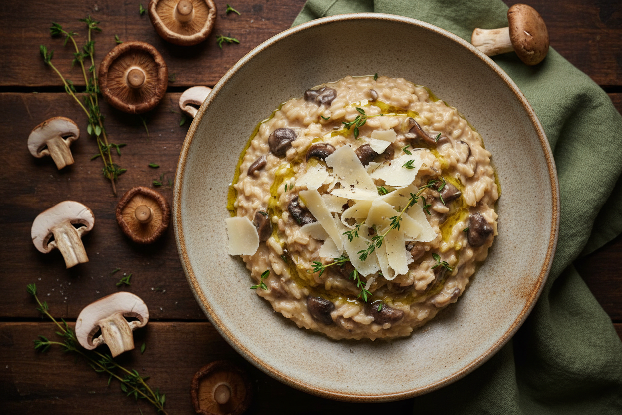 Creamy Forest Floor Mushroom and Thyme Risotto in a rustic bowl, garnished with shaved Parmesan, fresh thyme, and a drizzle of truffle oil — an earthy Arbor Day recipe.