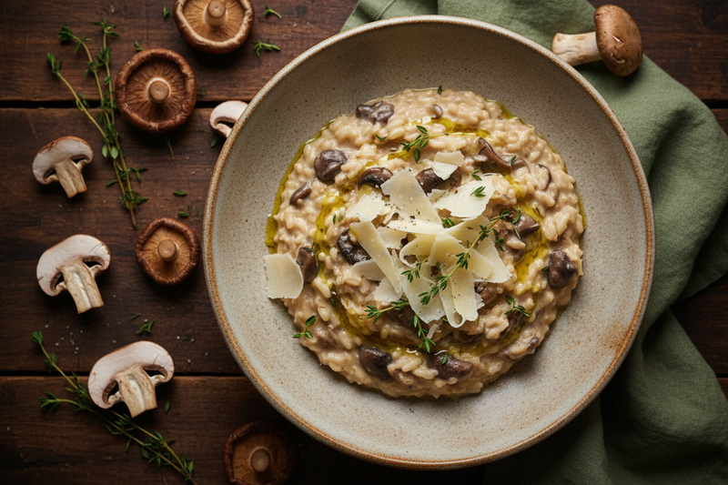 Creamy Forest Floor Mushroom and Thyme Risotto in a rustic bowl, garnished with shaved Parmesan, fresh thyme, and a drizzle of truffle oil — an earthy Arbor Day recipe.