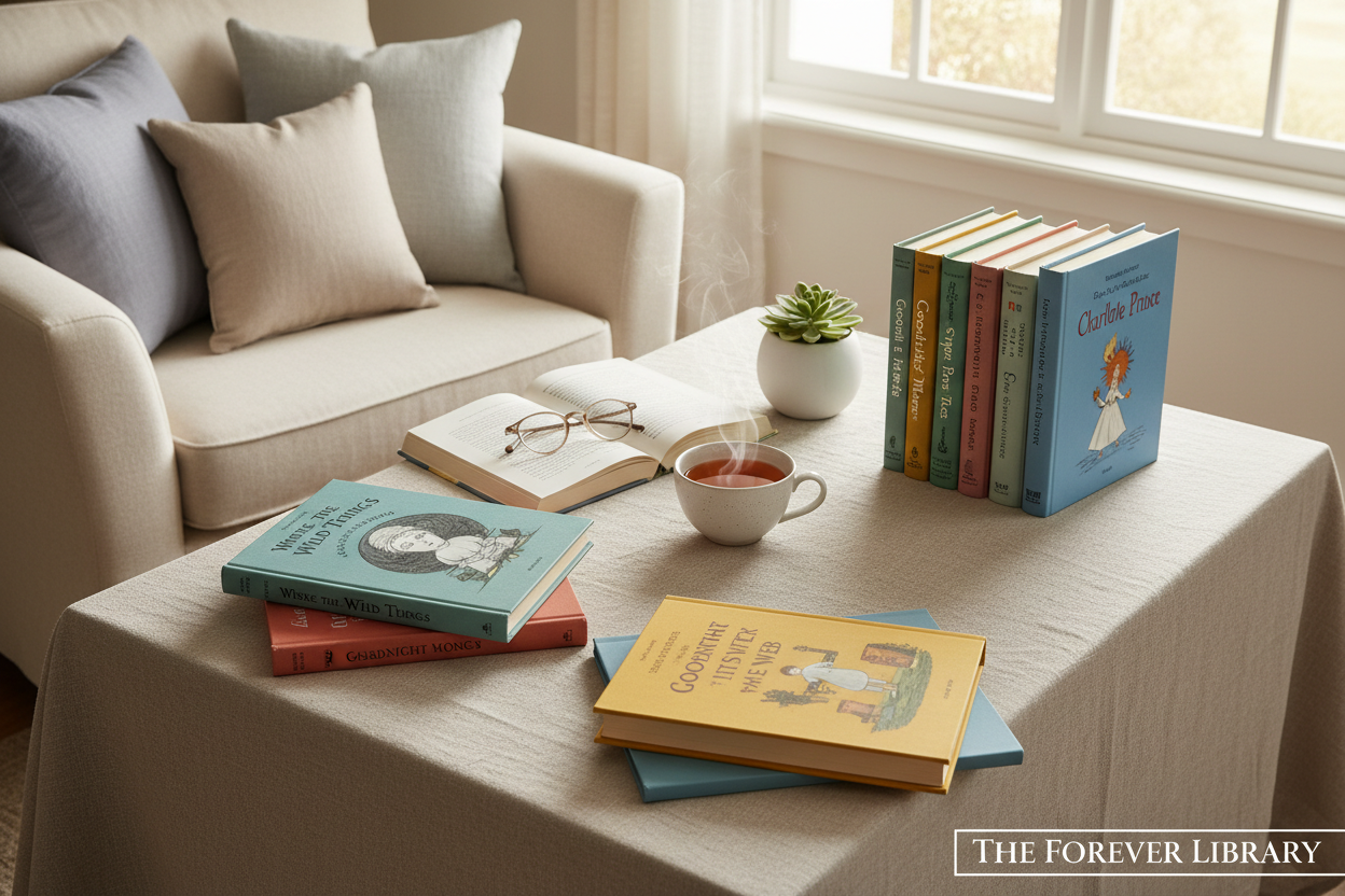 Curated collection of classic children's books arranged in a serene reading nook with cozy cushions and warm natural lighting for Read Across America Day