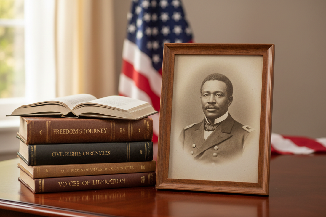 Framed portrait of Major Richard Robert Wright Sr. with books for National Freedom Day