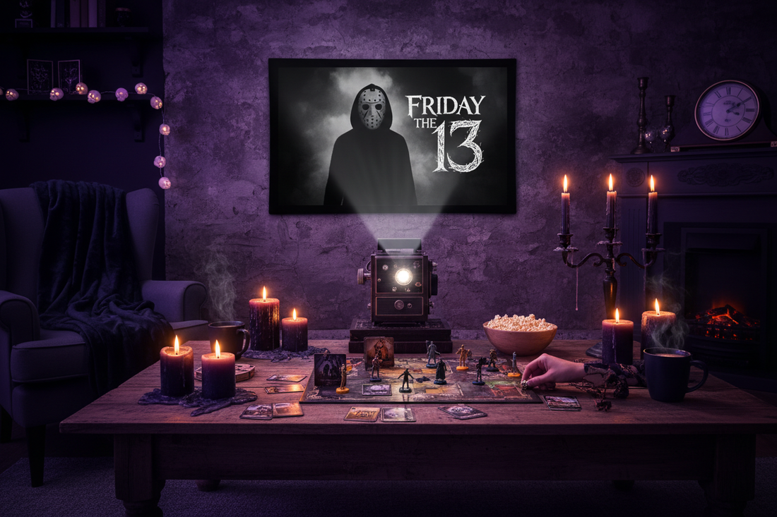 riday the 13th movie night setup with horror board game and candlelit atmosphere