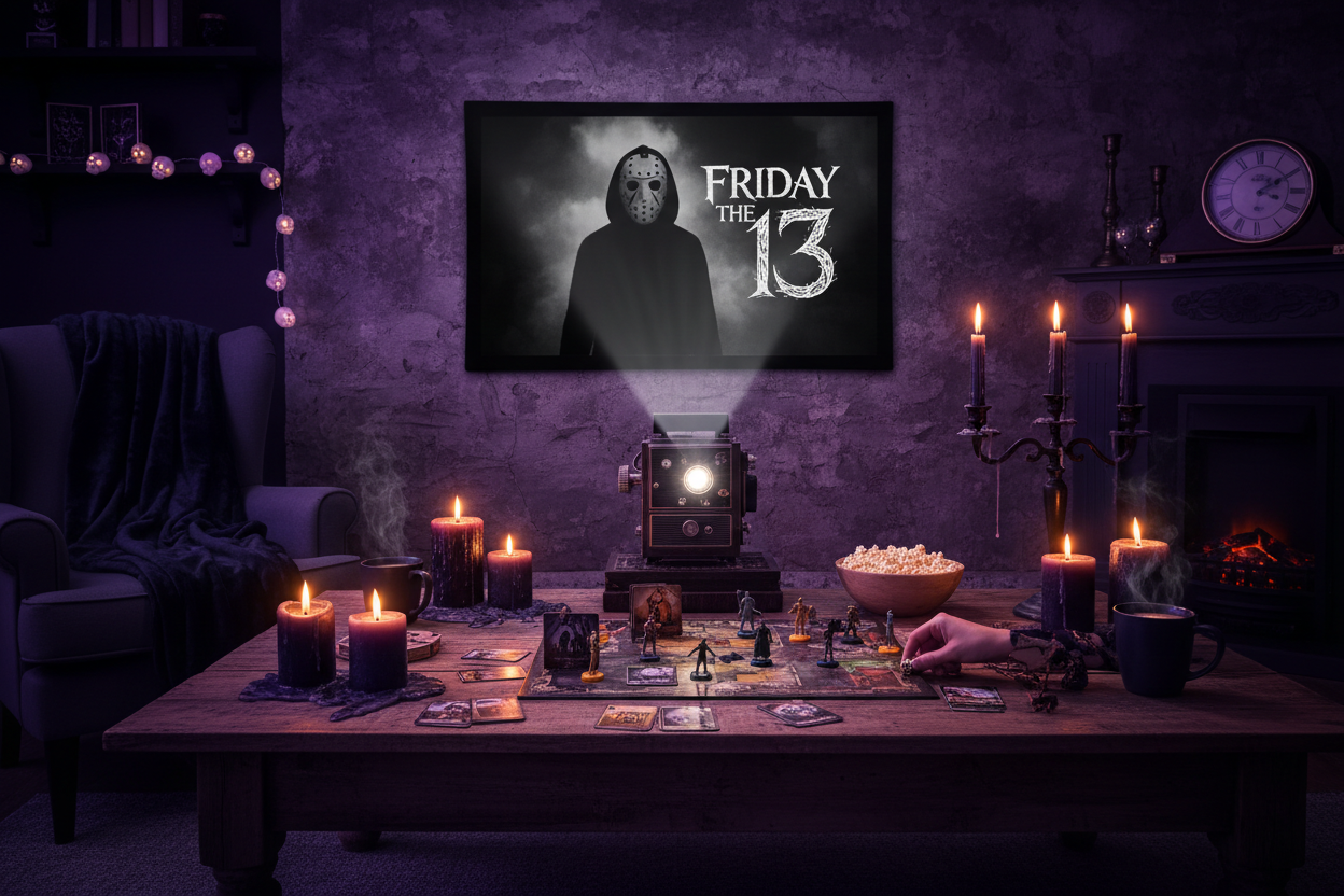 riday the 13th movie night setup with horror board game and candlelit atmosphere