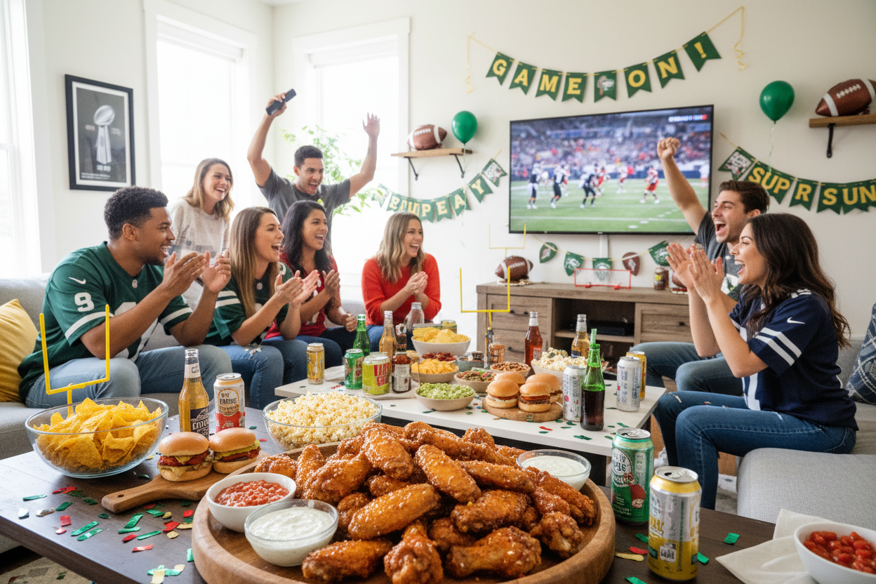Friends enjoying Super Bowl party at home with chicken wings and game day snacks