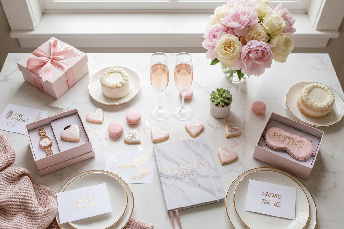 Galentine's Day celebration with champagne, heart-shaped treats, journals, and flowers for friends