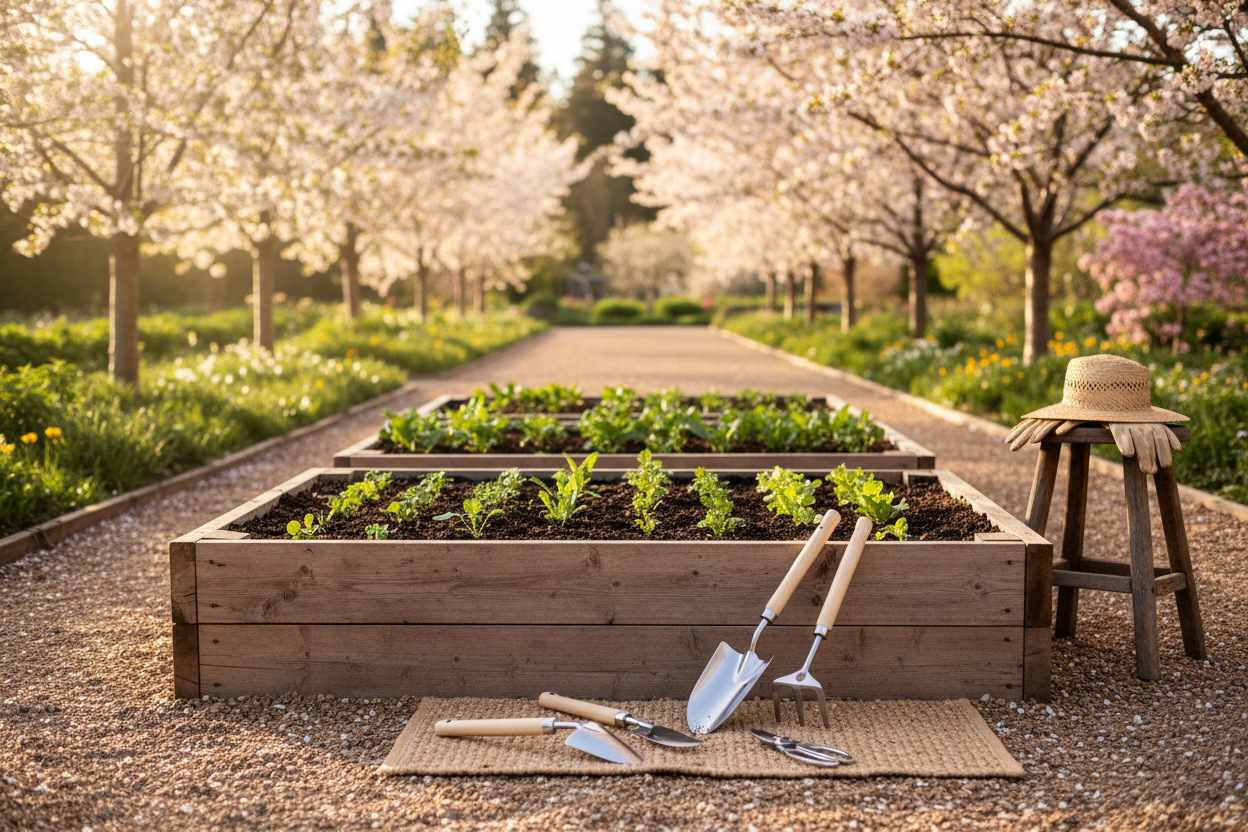 A serene outdoor garden sanctuary featuring a raised garden bed with fresh spring seedlings, ergonomic tools, and soft morning light — curated for the Modern Homestead.