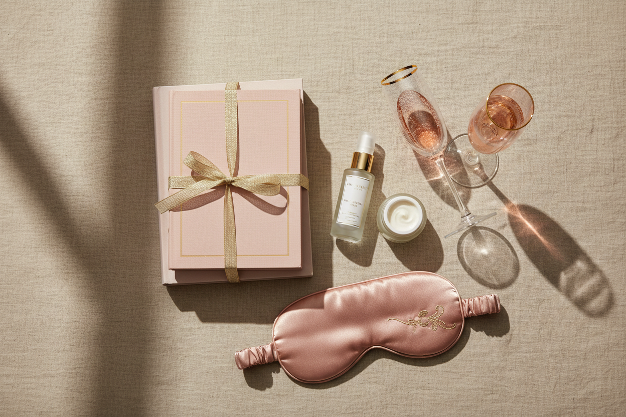 Curated flat lay of books, skincare, champagne flutes, and a sleep mask styled for International Women's Day — Give To Gain 2026 gift guide by On Many Occasions.