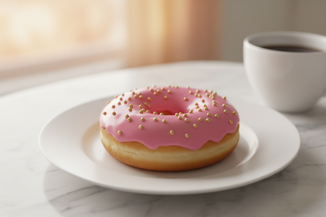 A pink-frosted gourmet donut with gold pearl sprinkles on a white ceramic plate beside a coffee cup, styled on marble for National Donut Day.