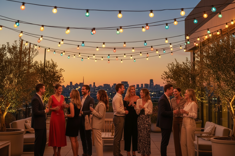 "Colorful globe string lights strung across an outdoor patio at dusk, with diverse people laughing and celebrating together for World Party Day."