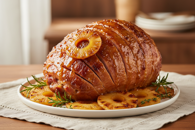 Golden honey and pineapple glazed spiral ham with caramelized pineapple rings, served on a white platter — the ultimate Easter centerpiece.