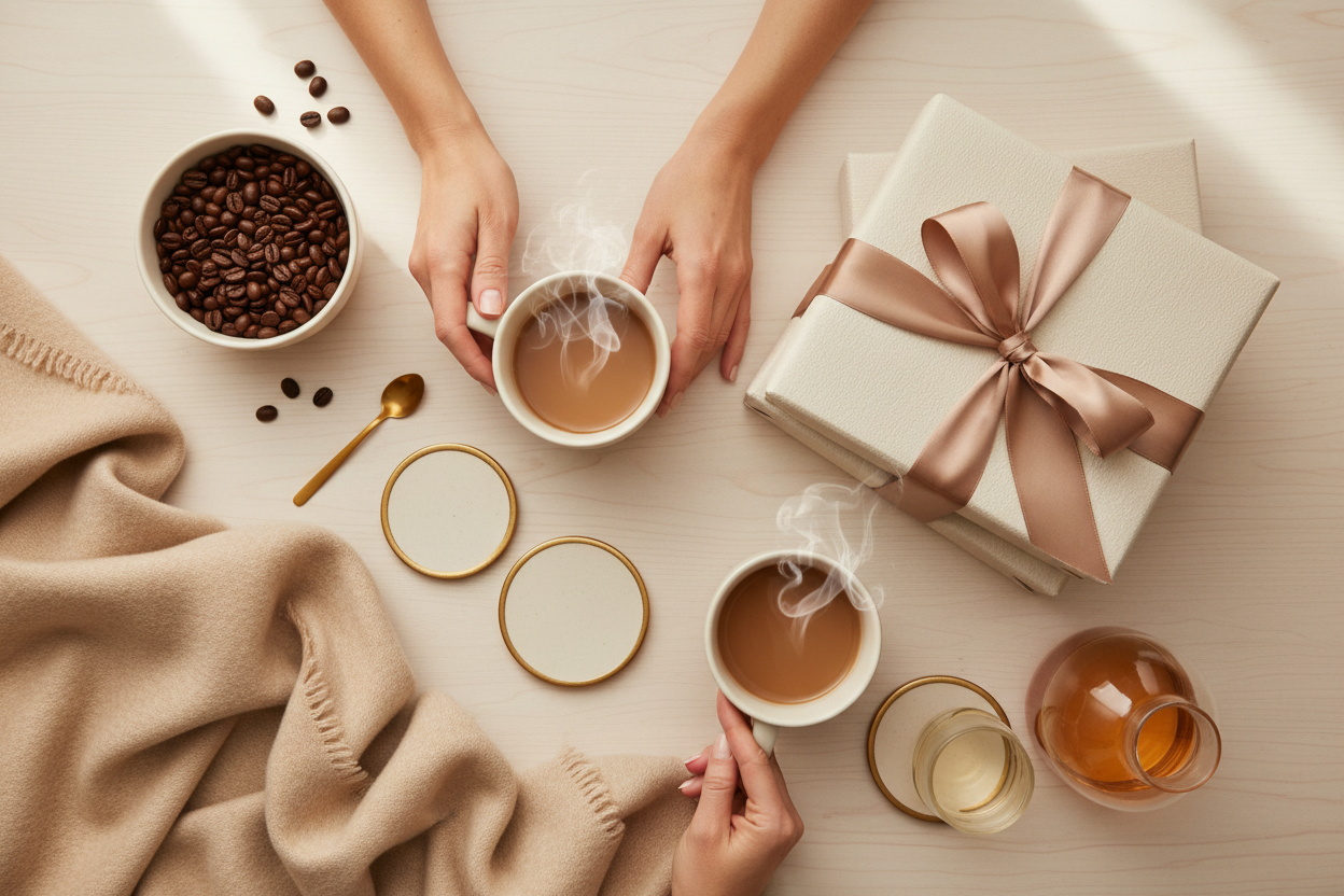 Overhead flat lay of hands offering coffee and wrapped gifts symbolizing acts of kindness for National Good Samaritan Day