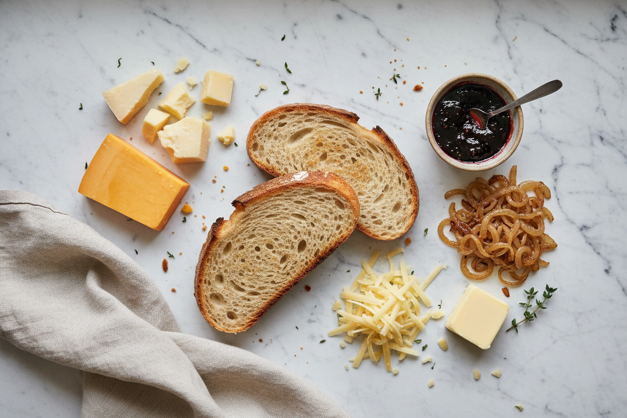 artisan sourdough, Gruyère and cheddar, fig jam, caramelized onions, and butter on a marble surface.