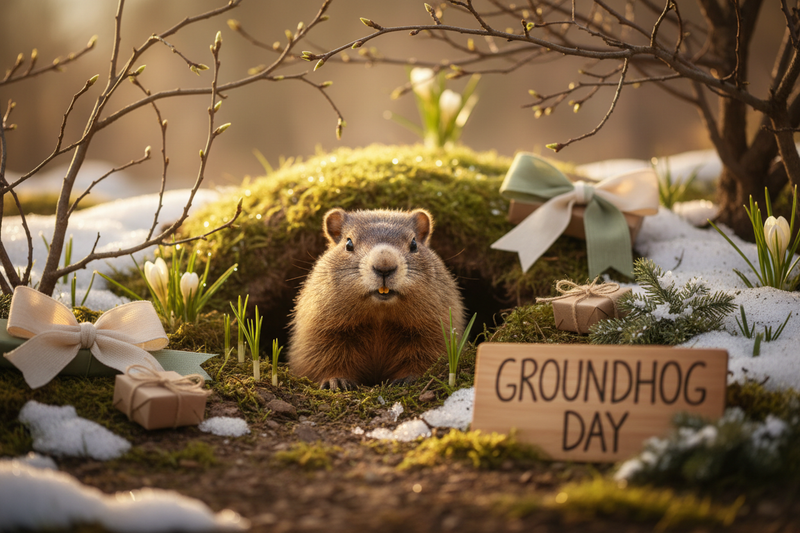 Groundhog Day celebration with adorable groundhog emerging from burrow in early spring scene