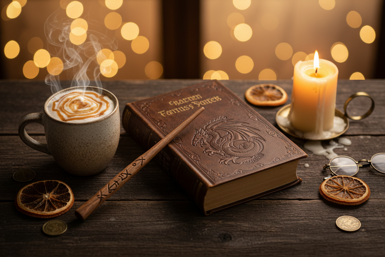 Cozy Harry Potter Day celebration flat lay with a worn book, steaming Butterbeer mug, candle, and wand on a rustic wooden surface.