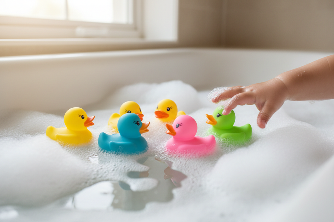 Colorful rubber duckies floating in a bathtub filled with bubbles