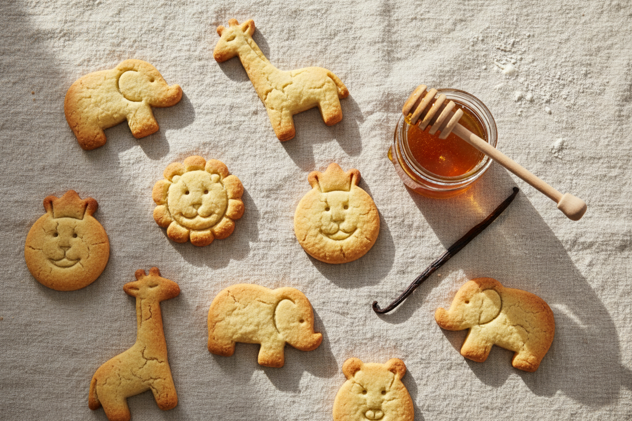 Homemade honey and vanilla animal-shaped biscuits in golden-brown elephant, lion, and bear shapes on a linen surface with a jar of honey and vanilla pod