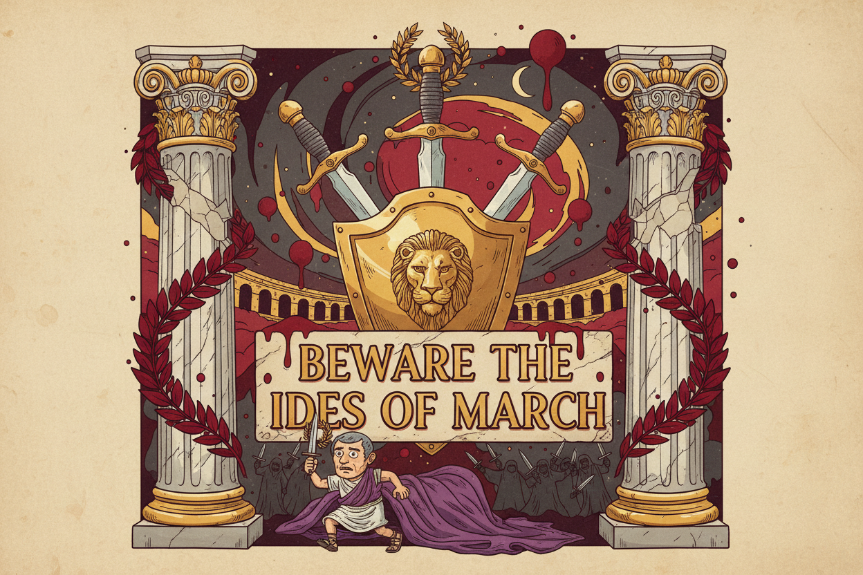 Dramatic illustration featuring Roman columns, laurel wreaths, and daggers with text 'Beware the Ides of March' - celebrating the anniversary of Julius Caesar's assassination on March 15