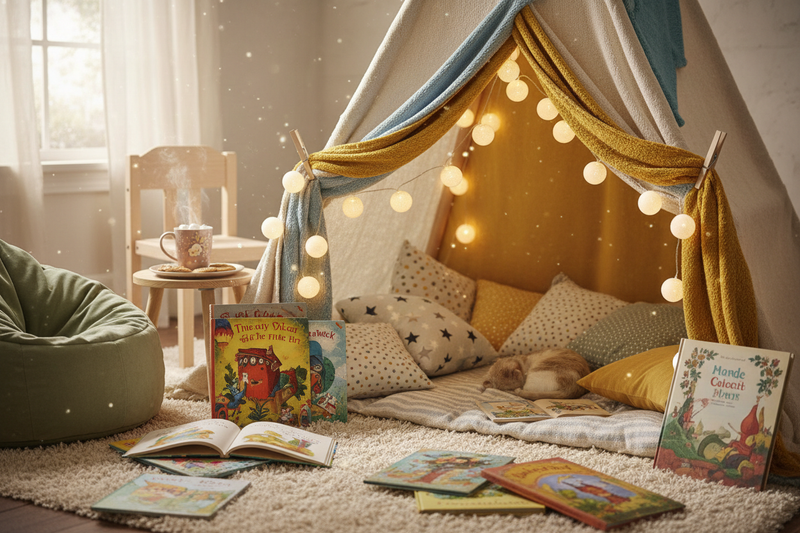 A cozy homemade reading fort made of soft blankets and pillows, glowing with warm fairy lights, surrounded by colorful children's books — perfect for celebrating International Children's Book Day.