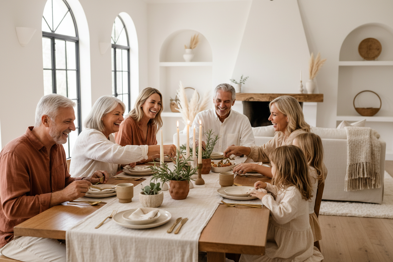 A multigenerational family gathered around a dining table, sharing a meal and laughing together, celebrating International Day of Families