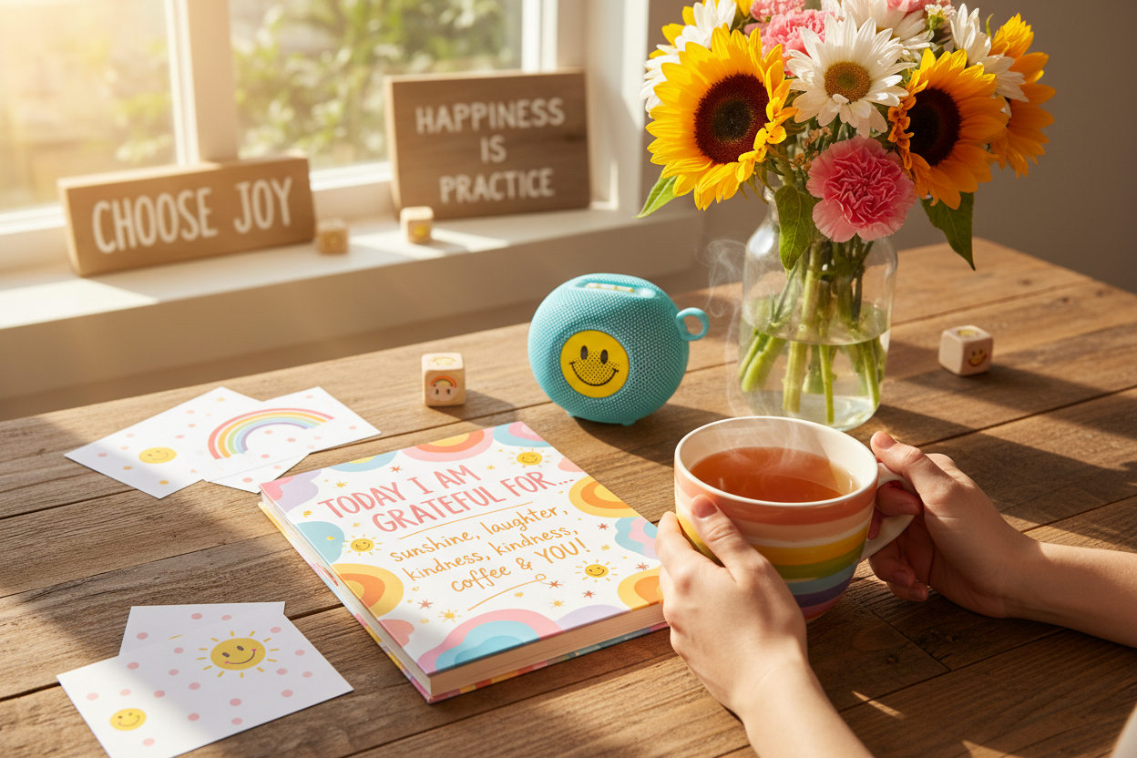 Joyful scene with gratitude journal, rainbow mug, cheerful note cards, and sunshine for International Day of Happiness