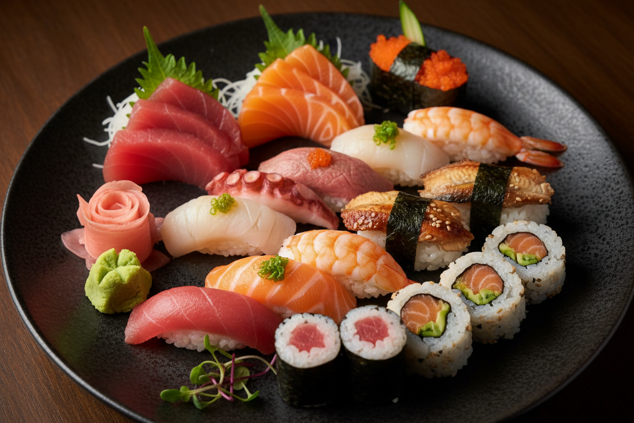 Colorful sushi platter with assorted nigiri, maki rolls, and sashimi arranged on a dark ceramic plate, garnished with pickled ginger and wasabi, for International Sushi Day