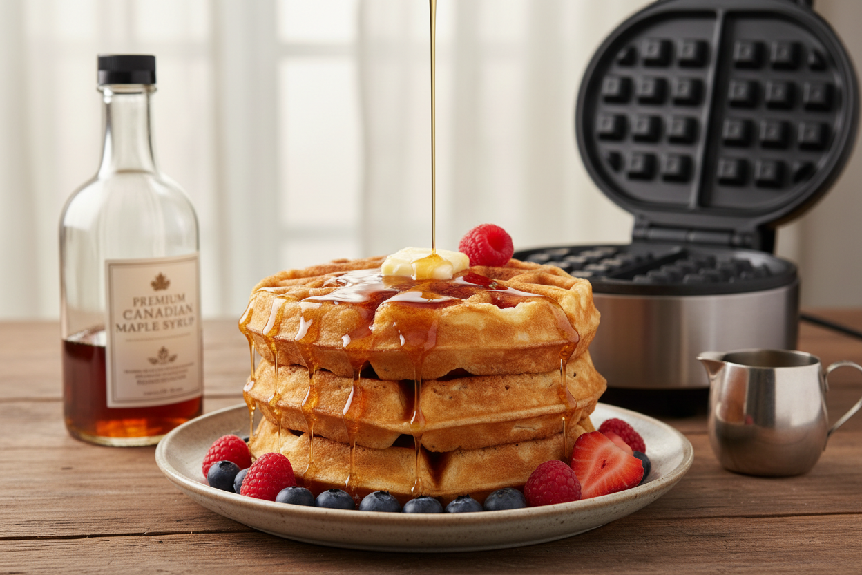 Golden Belgian waffles with maple syrup and waffle maker for International Waffle Day celebration