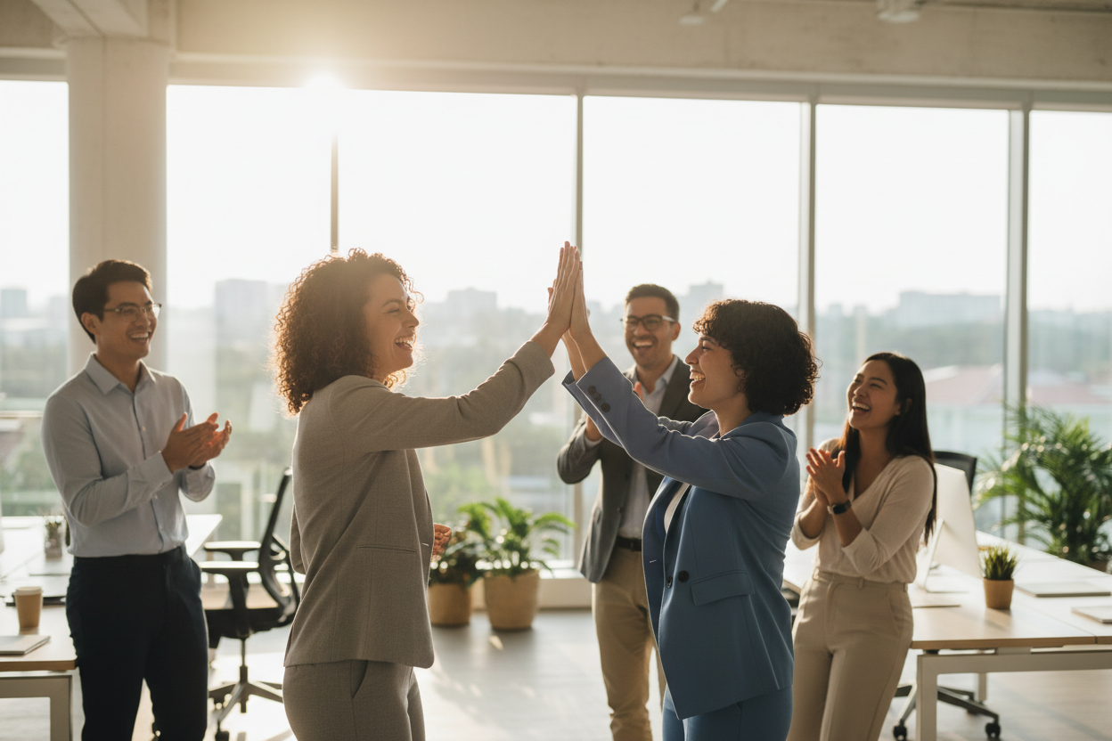 A diverse group of professionals celebrating International Worker's Day, sharing a joyful high-five in a bright, modern office setting.