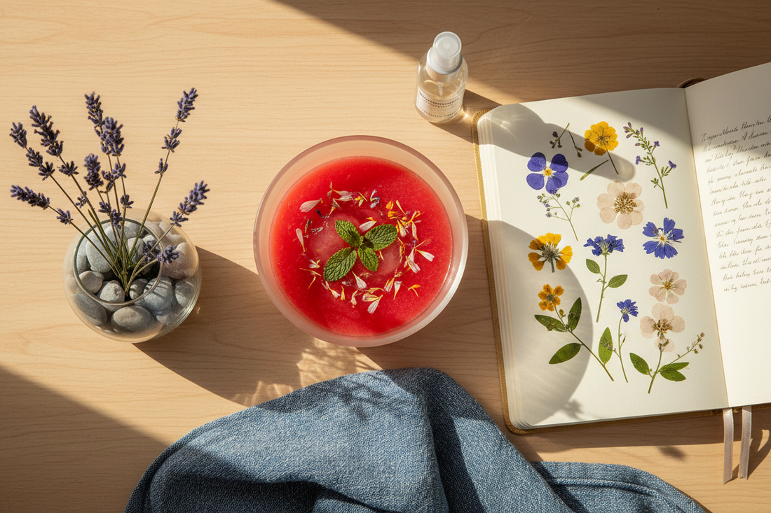 A curated mid-summer lifestyle flatlay featuring watermelon gazpacho, pressed wildflowers in a journal, rosewater mist, and a minimalist glass vessel with lavender and river stones.