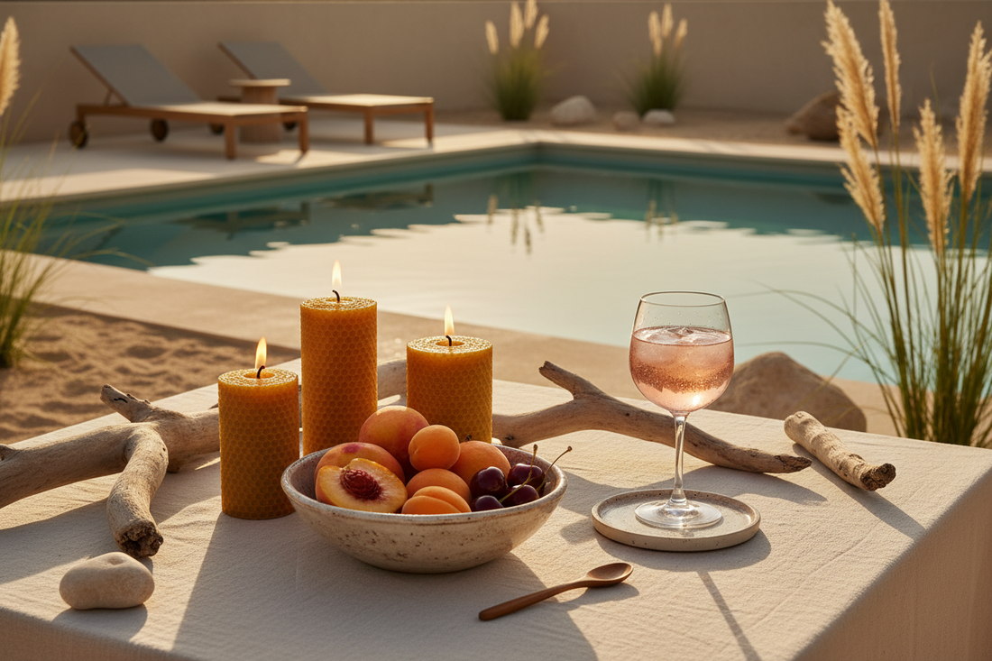 A sun-drenched outdoor table styled with stone fruit, beeswax candles, and linen for the Summer Solstice — June 2026 inspiration roundup.