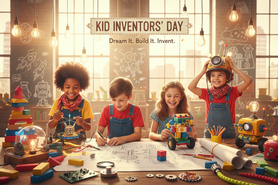 Kid Inventors' Day celebration with colorful STEM toys, building blocks, and creative invention elements