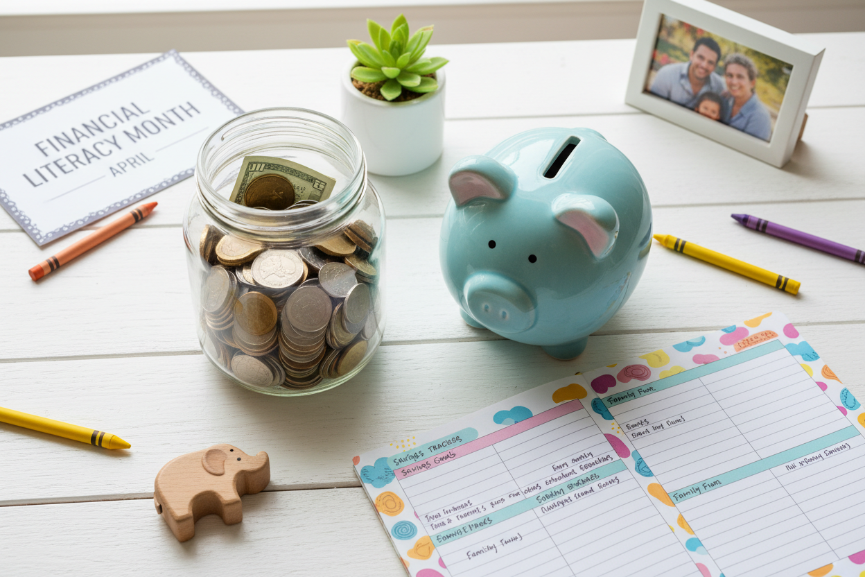 Cheerful flat lay of a glass savings jar, piggy bank, budget tracker notebook, and a small plant on a bright white table — Financial Literacy Month & Teach Children to Save Day Guide by On Many Occasions.