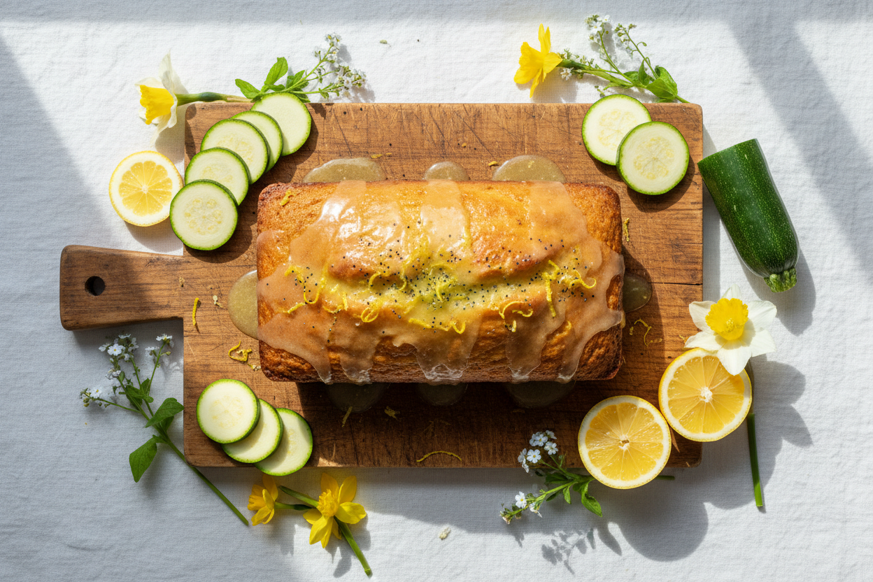Freshly baked lemon poppyseed zucchini loaf drizzled with lemon glaze, surrounded by fresh zucchini and lemon slices on a rustic wooden board.