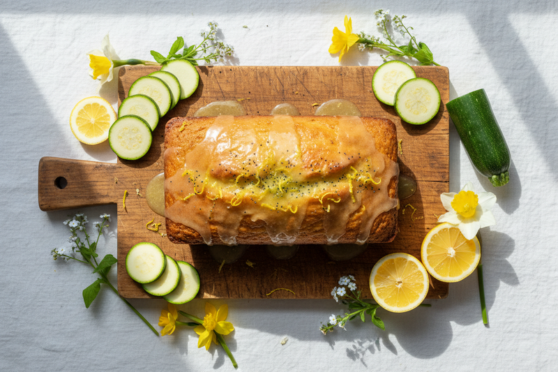 Freshly baked lemon poppyseed zucchini loaf drizzled with lemon glaze, surrounded by fresh zucchini and lemon slices on a rustic wooden board.