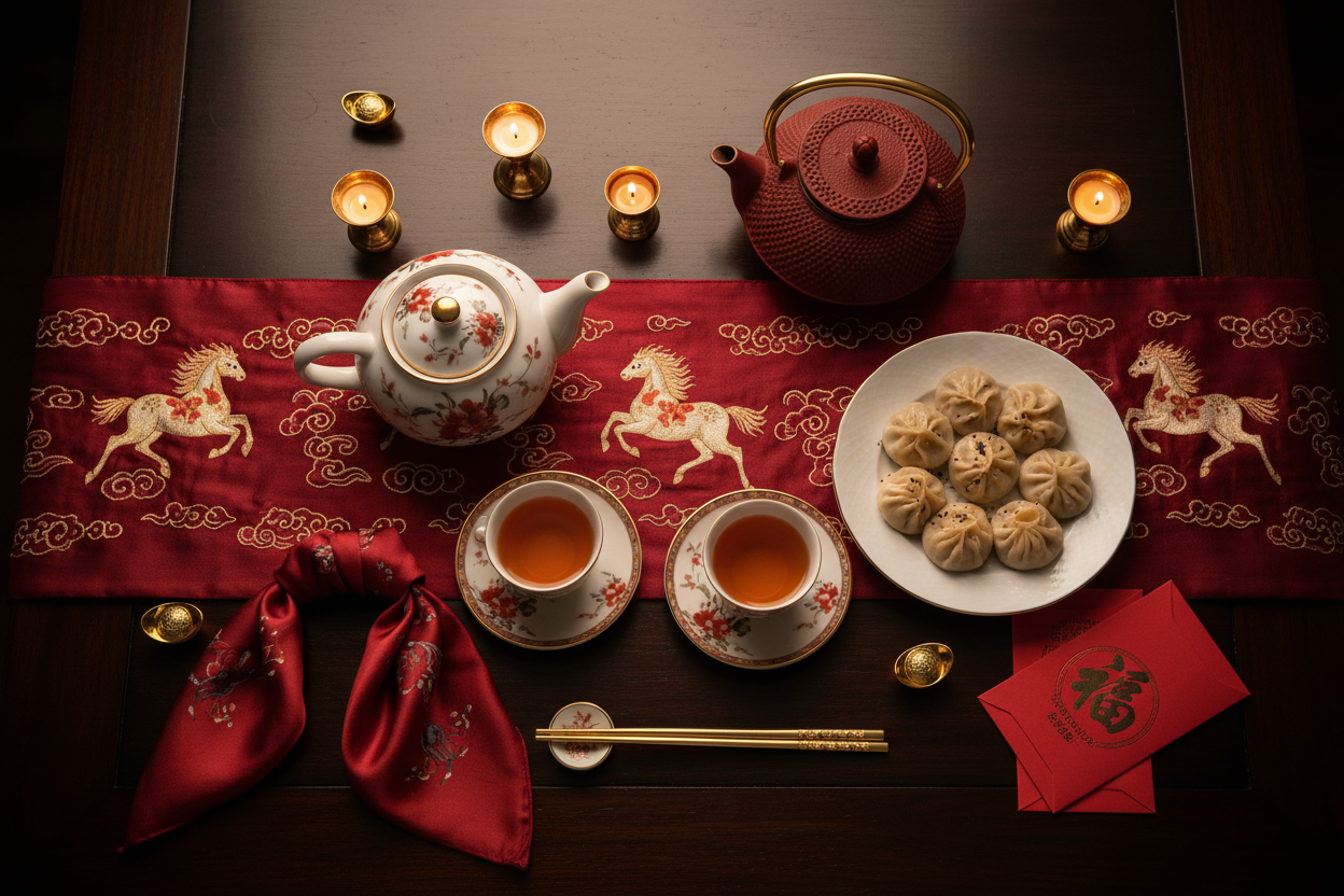 Luxurious Lunar New Year flat lay with red and gold silk table runner, bone china tea set, cast iron teapot, and dumplings on a dark lacquered surface — Lunar Sovereignty Hosting Guide 2026 by On Many Occasions.