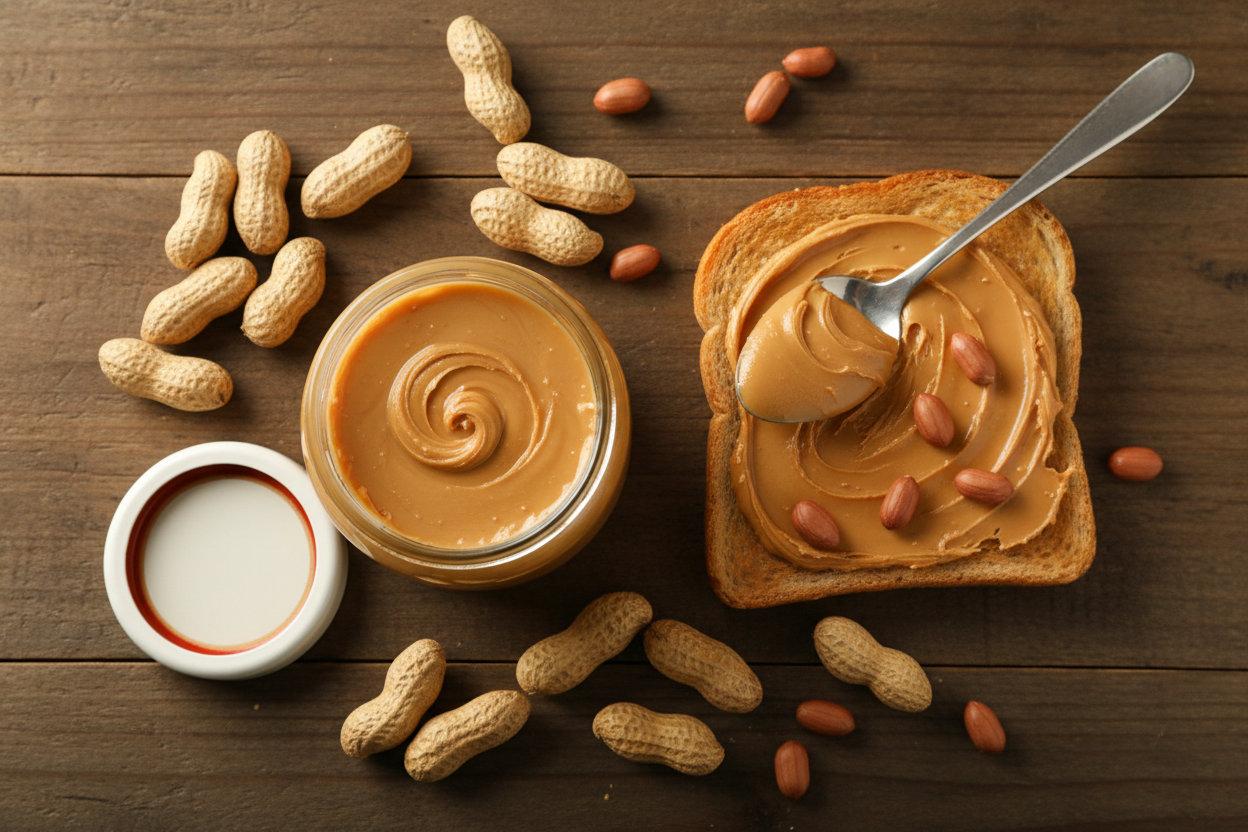 National Peanut Butter Lover’s Day: Flat lay of peanut butter jar with fresh peanuts, toast, and spoon on rustic wooden background