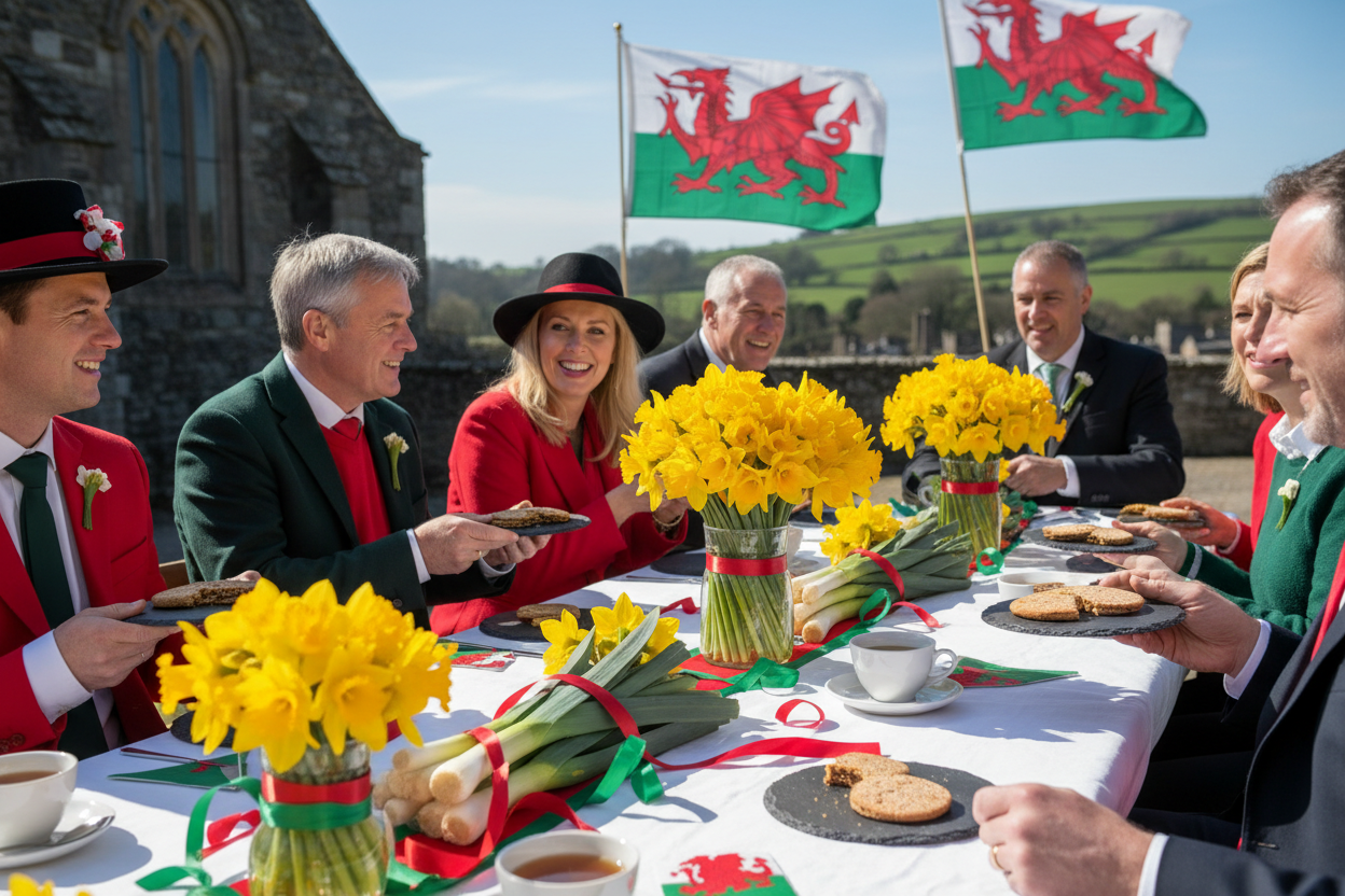 St. David's Day celebration with Welsh daffodils, leeks, and traditional symbols in vibrant colors