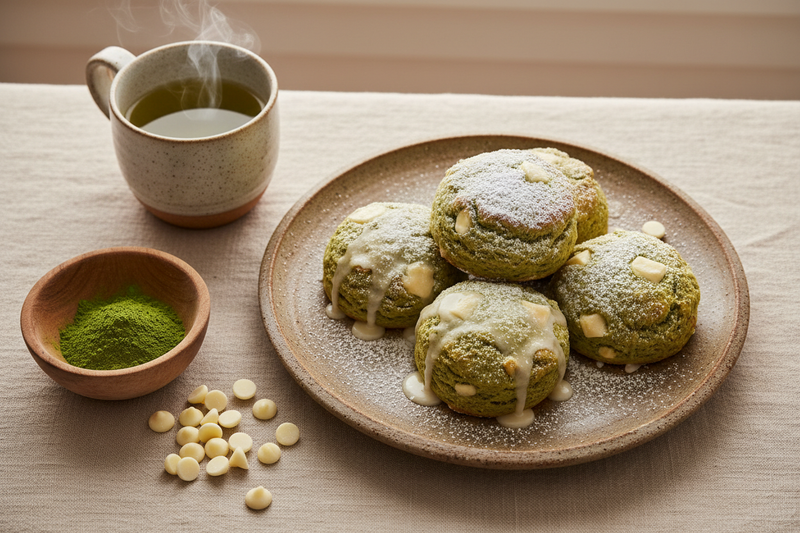 Matcha and white chocolate zen scones on a ceramic plate with ceremonial matcha powder and a cup of green tea, for Tea Day.