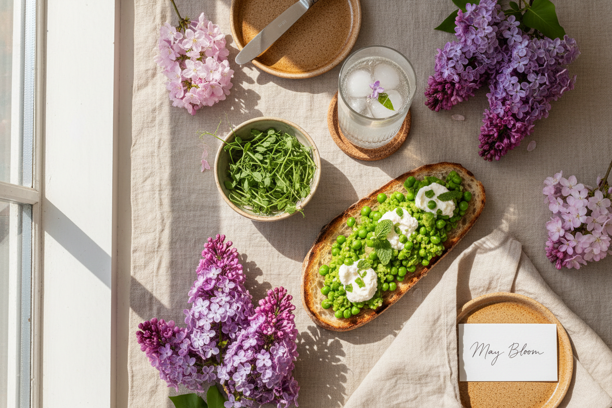 "A luxurious editorial flat lay featuring a sourdough tartine with smashed peas and ricotta, blooming lilac and cherry blossoms, and a sparkling botanical water — celebrating the peak of May's emerald season."
