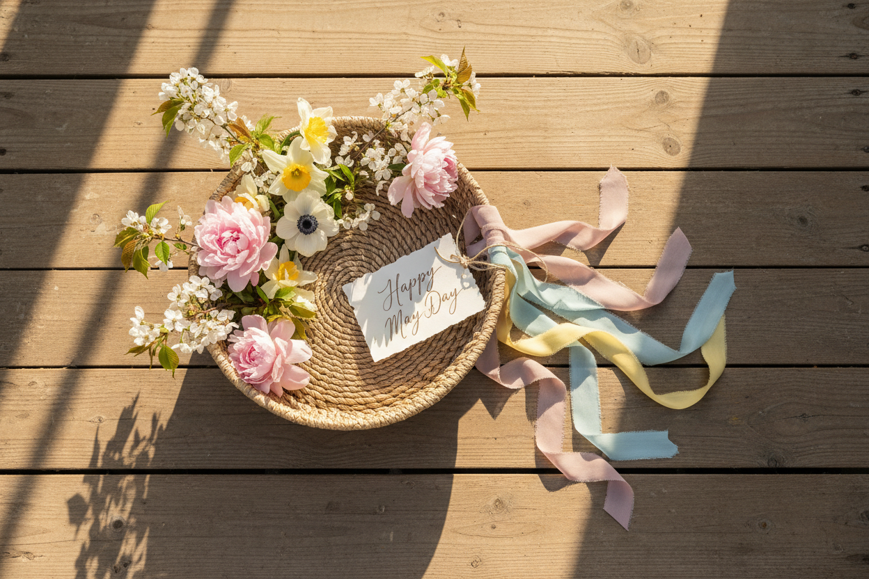 A woven basket filled with fresh spring wildflowers in pink, yellow, and white, placed on a sunny wooden front stoop with pastel ribbons and a handwritten note for May Day.