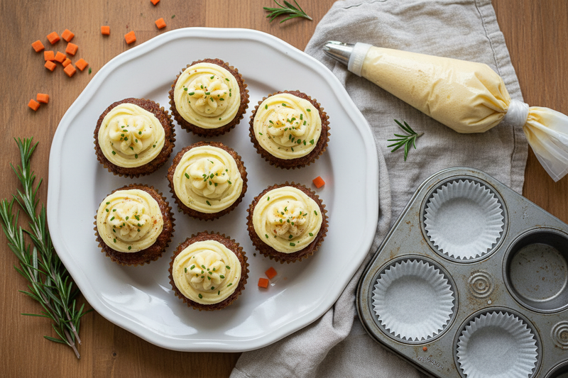 Meatloaf cupcakes topped with fluffy mashed potato frosting piped in a swirl, arranged on a white ceramic platter — The Ultimate April Fools' Day Savory Optical Illusion Recipe by On Many Occasions.