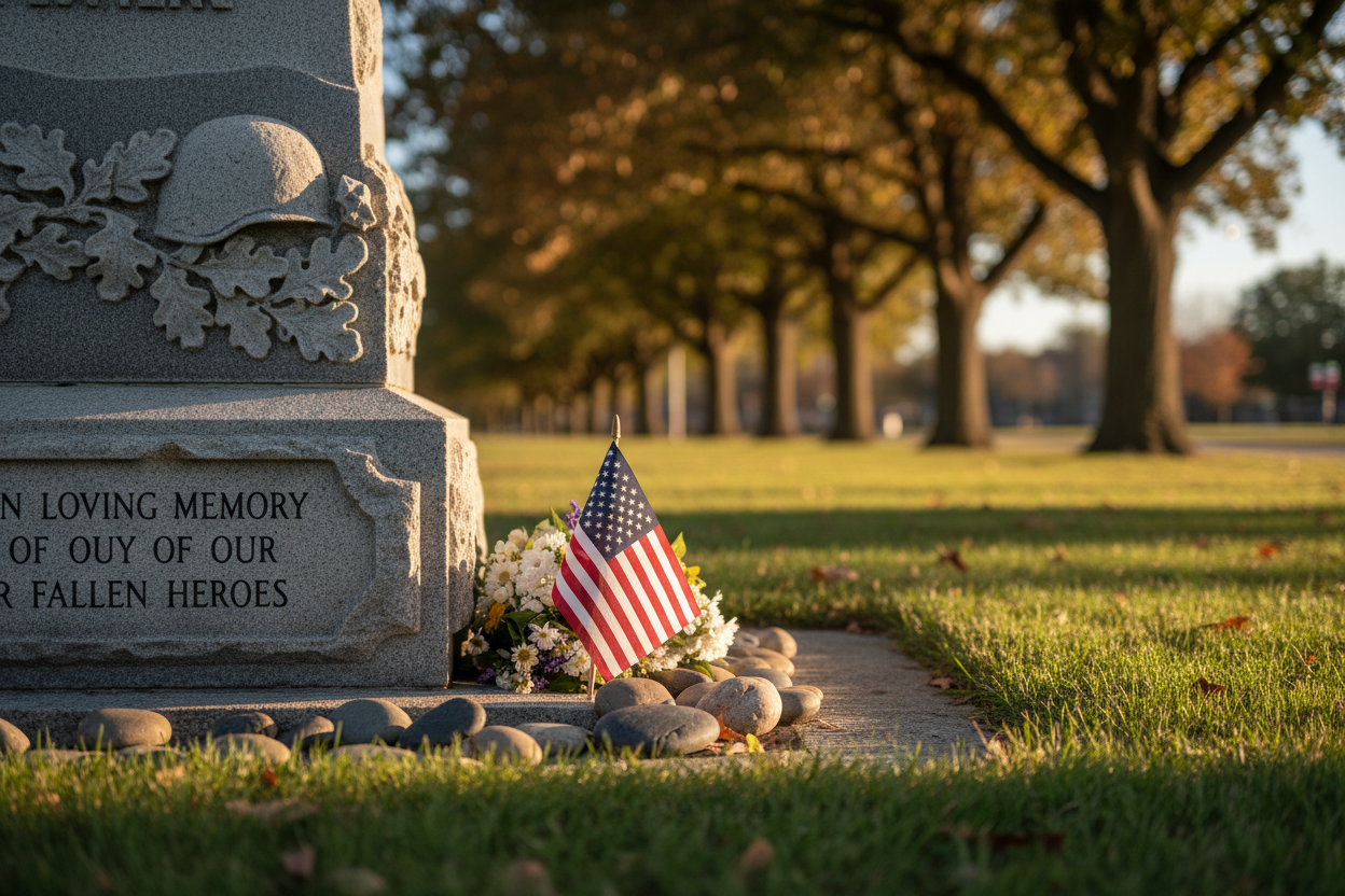 A small American flag placed respectfully at a memorial site, honoring fallen soldiers on Memorial Day — On Many Occasions.