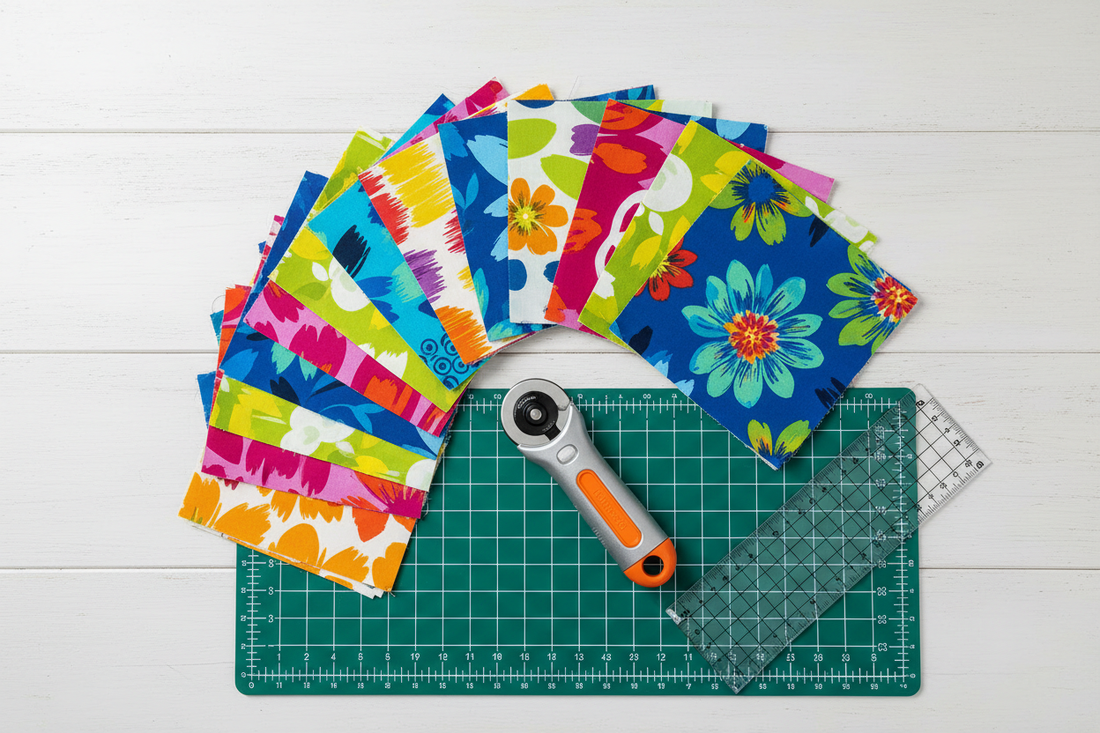 Modern quilting supplies including colorful fabric charm pack squares, rotary cutter, ruler and cutting mat on white surface for National Quilting Day